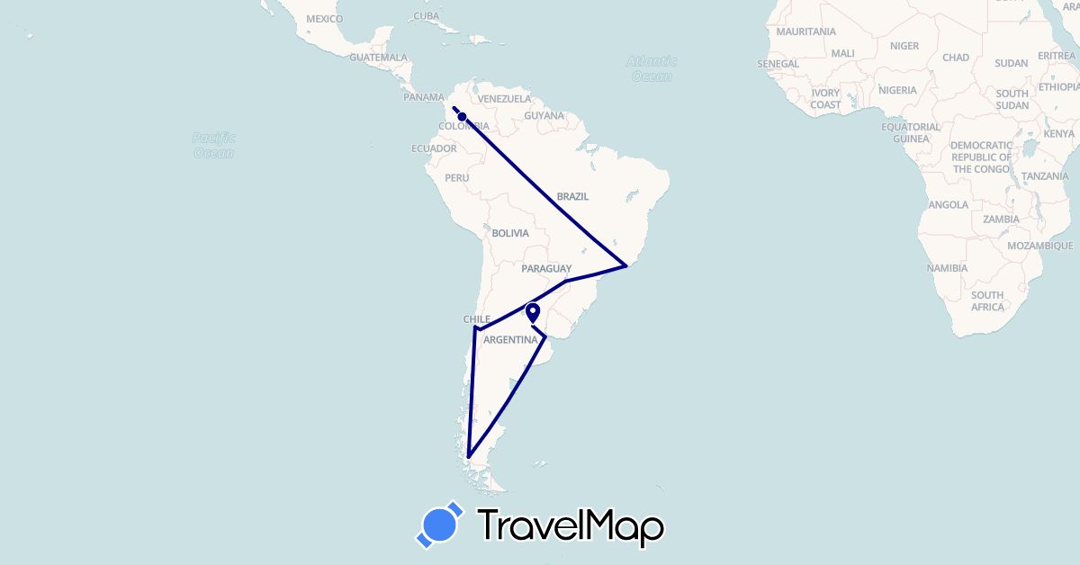 TravelMap itinerary: driving in Argentina, Brazil, Chile, Colombia (South America)